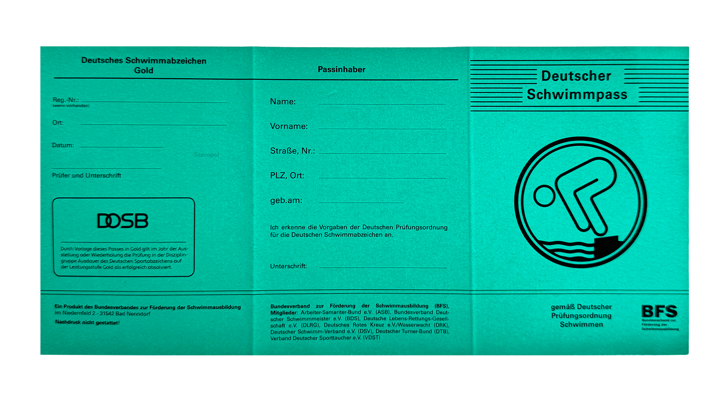 Deutsches Schwimmabzeichen Gold (Aufnäher) mit Pass
